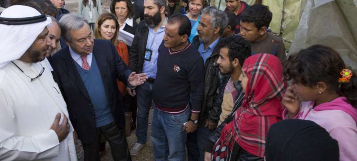High Commissioner for Refugees António Guterres and Humanitarian Envoy for Kuwait Abdullah Al-Matouq (left) visit an Informal Settlement for Syrian refugees near Ghaziye, southern Lebanon.