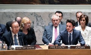 Crown Prince Al Hussein Bin Abdullah II of Jordan addresses the Security Council. Secretary-General Ban Ki-moon (left) listens to his statement.