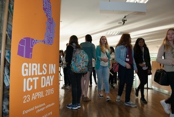 Participants arrive at Girls in ICT Day 2015, which was held at ITU Headquarters, Geneva.