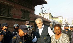 Under-Secretary-General for Humanitarian Affairs Valerie Amos (right) alongside European Union Commissioner for Humanitarian Aid and Crisis Management, Christos Stylianides, in the Nepalese capital of Kathmandu.