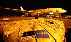 A cargo plane carrying 40 metric tonnes of life-saving supplies lands in Kathmandu to provide assistance to some of the 1.7 million children affected by the 25 April 2015 earthquake in Nepal.