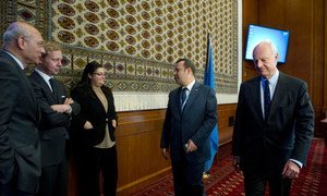 Special Envoy Staffan de Mistura (right) and Ambassador Hussam Edin Aala of Syria arriving for the Geneva consultations on Syria at UN Headquarters.