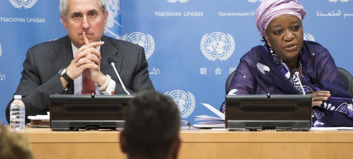 Special Representative of the Secretary-General on Sexual Violence in Conflict, Zainab Bangura briefs the press. At left is Stéphane Dujarric, spokesperson for the Secretary-General.