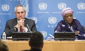 Special Representative of the Secretary-General on Sexual Violence in Conflict, Zainab Bangura briefs the press. At left is Stéphane Dujarric, spokesperson for the Secretary-General.