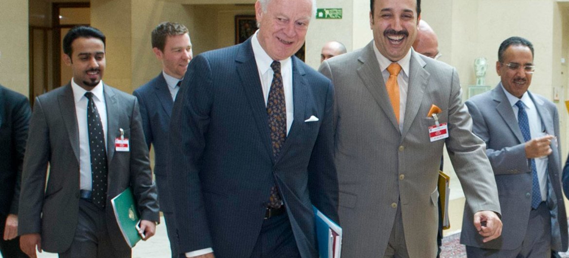 UN Special Envoy for Syria Staffan de Mistura (on the left), arriving with Prince Mohammed bin Saud bin Khaled Al Saud of Saudi Arabia, Undersecretary of the Ministry of Foreign Affairs for Information and Technology Affairs at the UN Geneva Headquarters.