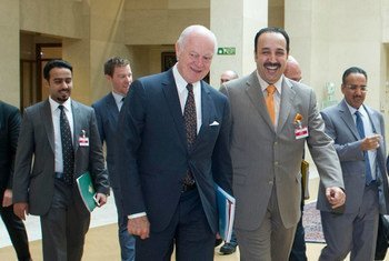 UN Special Envoy for Syria Staffan de Mistura (on the left), arriving with Prince Mohammed bin Saud bin Khaled Al Saud of Saudi Arabia, Undersecretary of the Ministry of Foreign Affairs for Information and Technology Affairs at the UN Geneva Headquarters.