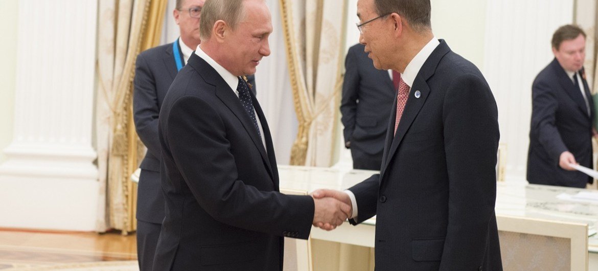 Secretary-General Ban Ki-moon and President of Russian Federation Vladimir Putin in Moscow to mark 70th anniversary of the end of the Second World War in Europe.