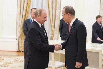 Secretary-General Ban Ki-moon and President of Russian Federation Vladimir Putin in Moscow to mark 70th anniversary of the end of the Second World War in Europe.