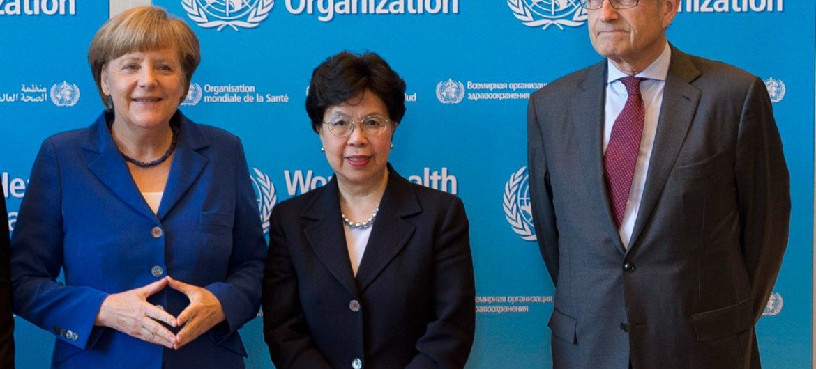 WHO Director-General Margaret Chan (centre), flanked by  German Chancellor Angela Merkel (left) and UN Geneva chief Michael Møller at the opening of the sixty-eighth World Health Assembly at the Palais des Nations.