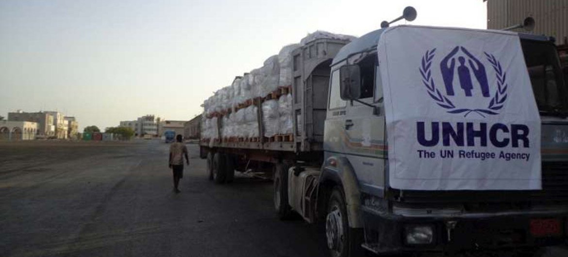 A truckload full of UNHCR aid in Yemen.