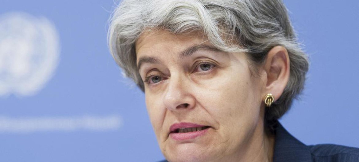 UNESCO Director-General Irina Bokova briefs reporters at UN Headquarters.