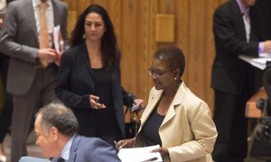Under-Secretary-General for Humanitarian Affairs and Emergency Relief Coordinator Valerie Amos arrives for a briefing to the Security Council on Syria.
