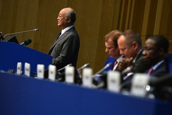 IAEA Director General Yukiya Amano calls for a global response to cyber threats against nuclear facilities during an address in Vienna on 1 June 2015.