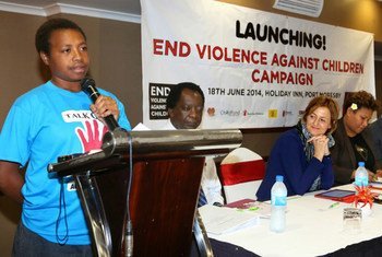 Sixteen-year-old Natasha Boropi speaks about the effects of polygamous marriage and alcohol abuse on children at the launch of UNICEF’s ‘End Violence against Children’ campaign in Port Moresby, Papua New Guinea in June 2014.