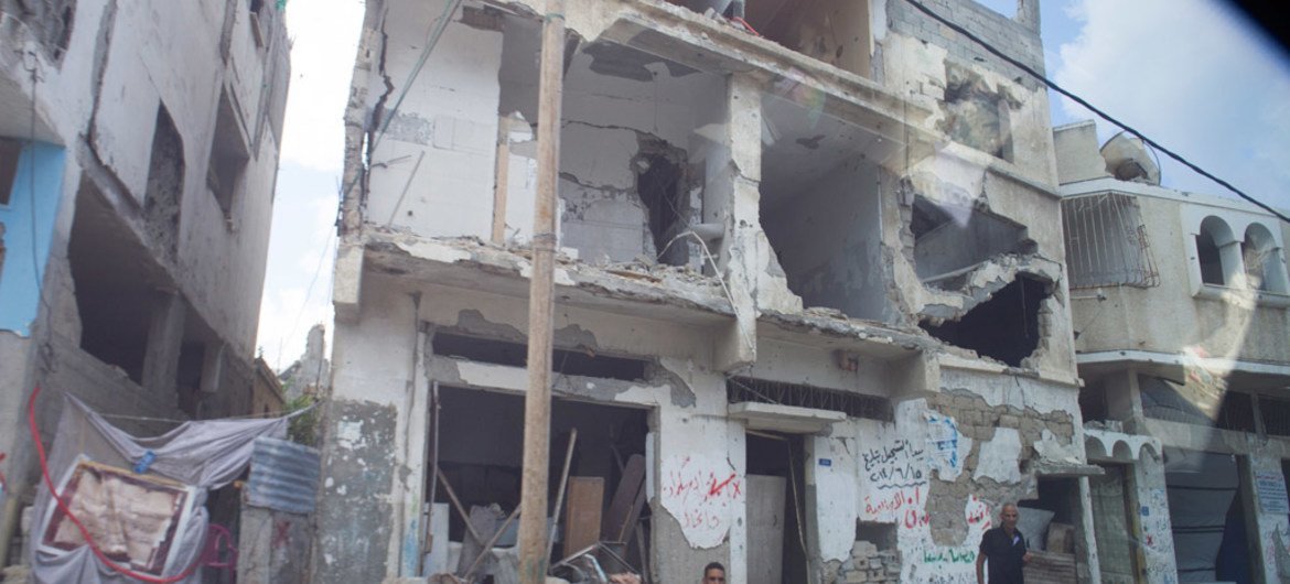 在2014年冲突中加沙地区被损毁的的房屋。联合国图片/Eskinder Debebe
