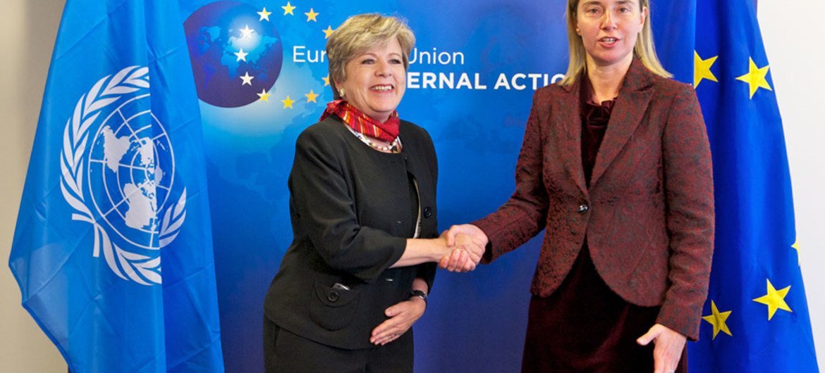 Alicia Bárcena y Federica Mogherini, Alta Representante de la Unión Europea para Asuntos Exteriores. Foto cortesía del Consejo Europeo