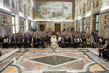 Pope Francis (centre) with delegates to the 39th FAO Conference during a special audience at the Vatican.