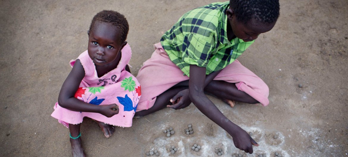 Children play outside their tents in the Protection of Civilians site in Bor, capital of Jonglei State in South Sudan.
