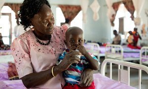 A child receives ready-to-use therapeutic food (RUTF), at the UNICEF-supported Al-Shabbah Children’s Hospital, in Juba, South Sudan.