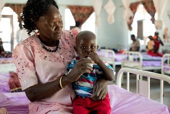 A child receives ready-to-use therapeutic food (RUTF), at the UNICEF-supported Al-Shabbah Children’s Hospital, in Juba, South Sudan.