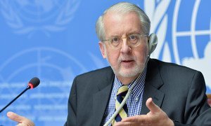 Chair of the Commission of Inquiry on Syria Sergio Paulo Pinheiro, addresses a press conference after presenting the latest report on the situation in that country at the 29th regular Session of the Human Rights Council in Geneva.