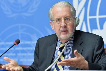 Chair of the Commission of Inquiry on Syria Sergio Paulo Pinheiro, addresses a press conference after presenting the latest report on the situation in that country at the 29th regular Session of the Human Rights Council in Geneva.