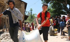 In Nepal, residents of Chautara Municipality, Sindhupalchok District, collect WFP emergency aid (May 2015).