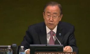 Le Secrétaire général de l'ONU, Ban Ki-moon, lors d'un évènement à l'Assemblée générale pour célébrer le 15ème anniversaire du Pacte mondial des Nations Unies. Photo : UN Webcast video capture