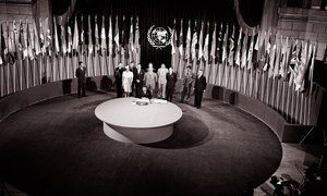 The UN Charter being signed by a delegation at a ceremony held at the Veterans’ War Memorial Building on 26 June 1945.