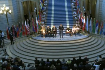 潘基文秘书长在旧金山举行的纪念《联合国宪章》签署70周年仪式上发表讲话。图片来源：联合国网络直播图像