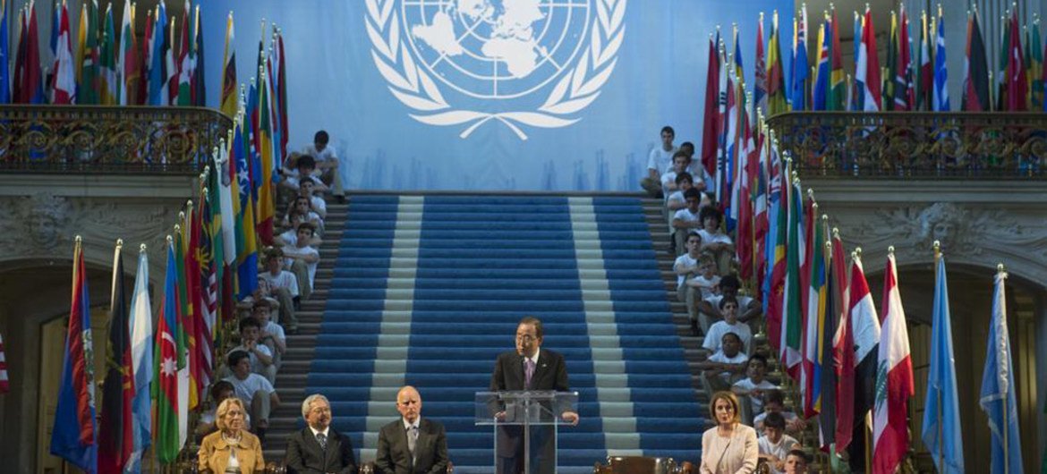 Secretary-General Ban Ki-moon (at podium) addresses a ceremony commemorating the 70th anniversary of the adoption of the UN Charter in San Francisco in 2015.