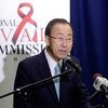 Secretary-General Ban Ki-moon delivers remarks at launch of UNAIDS/Lancet report. Bridgetown, Barbados, July 2015.