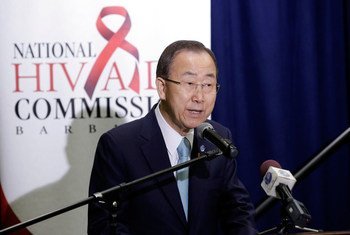 Secretary-General Ban Ki-moon delivers remarks at launch of UNAIDS/Lancet report. Bridgetown, Barbados, July 2015.