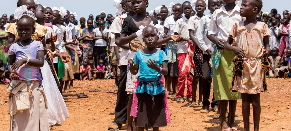 Children at a protection of civilians site in Juba, South Sudan, run by the UN Mission, perform at a special cultural event in March 2015.