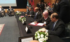 Libyan stakeholders initial the Libyan Political Agreement in Skhirat, Morocco on 11 July 2015. Source: UNSMIL