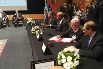 Libyan stakeholders initial the Libyan Political Agreement in Skhirat, Morocco on 11 July 2015. Source: UNSMIL