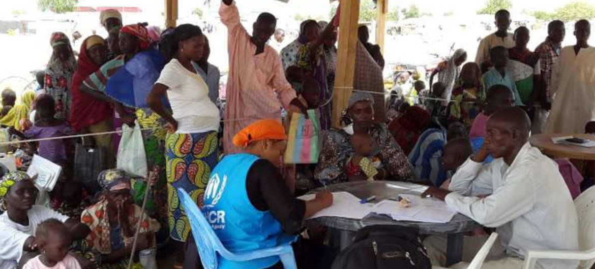 مسؤولون في مفوضية الأمم المتحدة لشؤون اللاجئين يقومون بتسجيل اللاجئين النيجيريين الذين في مخيم ميناوا، شمال الكاميرون. صور: مفوضية شؤون اللاجئين / د. أمبايروم