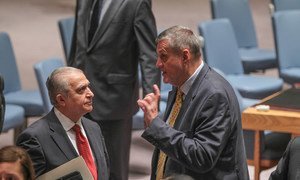Special Representative Ján Kubiš (right) speaks with Amb. Mohamed Ali Alhakim of Iraq prior to addressing the Security Council meeting on the situation concerning that country.