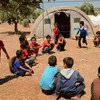 Children play games at Atmeh IDP camp in Idlib province, north Syria.