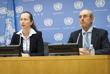 Press conference by Elzbieta Karska (left), head of the UN Working Group on the use of mercenaries and group member Gabor Rona.