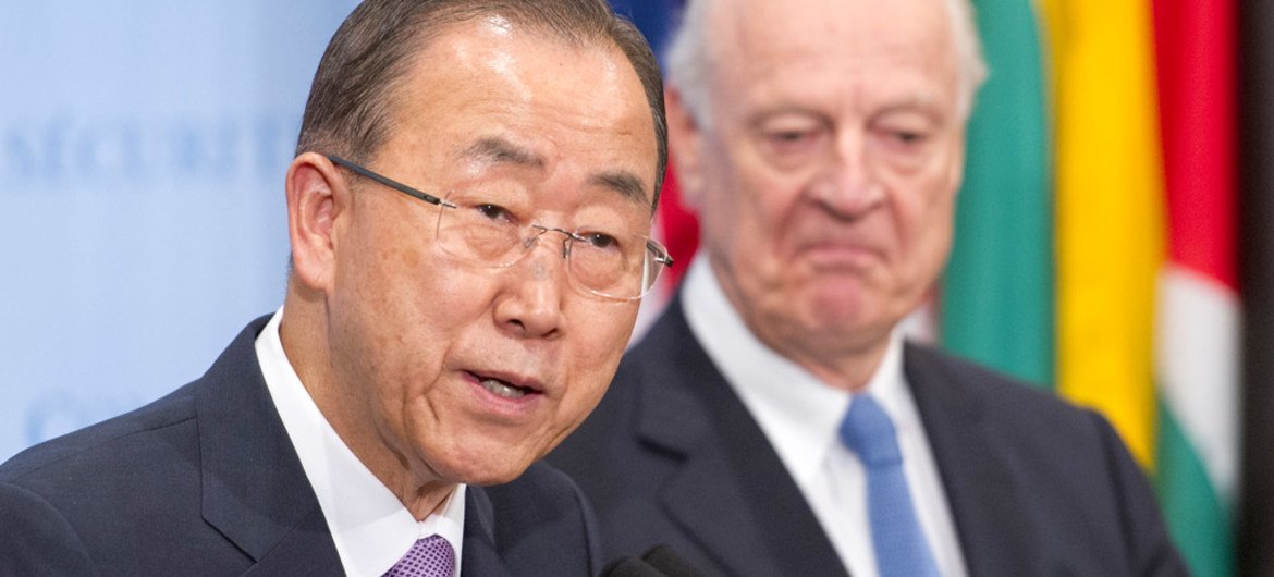 Secretary-General Ban Ki-moon (left) and Special Envoy Staffan de Mistura brief journalists following a closed-door Security Council meeting on the situation in Syria.