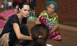 UNHCR Special Envoy Angelina Jolie Pitt (left) in Myitkyina township, Kachin State, Myanmar, meeting with some of the 100,000 displaced people who currently live there.