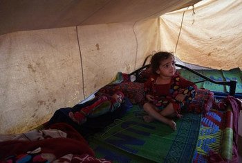 Au Pakistan, deux enfants sous une tente dans le camp de déplacés d'Al-Khidmat, au Pakistan. Photo IRIN