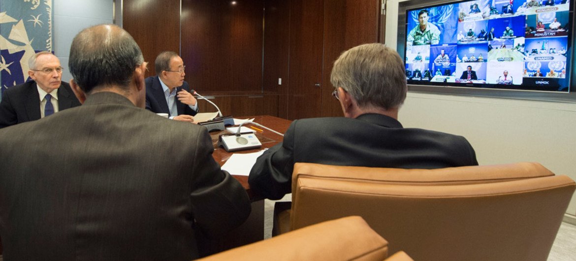 Secretary-General Ban Ki-moon (top right) convenes a video conference with his Special Representatives, Force Commanders and Police Commissioners in all UN peacekeeping operations.