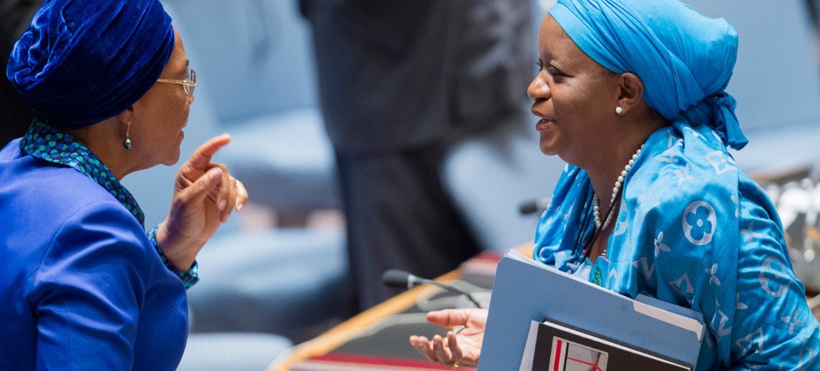 Special Representative on Sexual Violence in Conflict Zainab Hawa Bangura (right),  speaking with Security Council President for August, Joy Ogwu, at the Council’s special briefing on security sector reform.