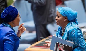 Special Representative on Sexual Violence in Conflict Zainab Hawa Bangura (right),  speaking with Security Council President for August, Joy Ogwu, at the Council’s special briefing on security sector reform.