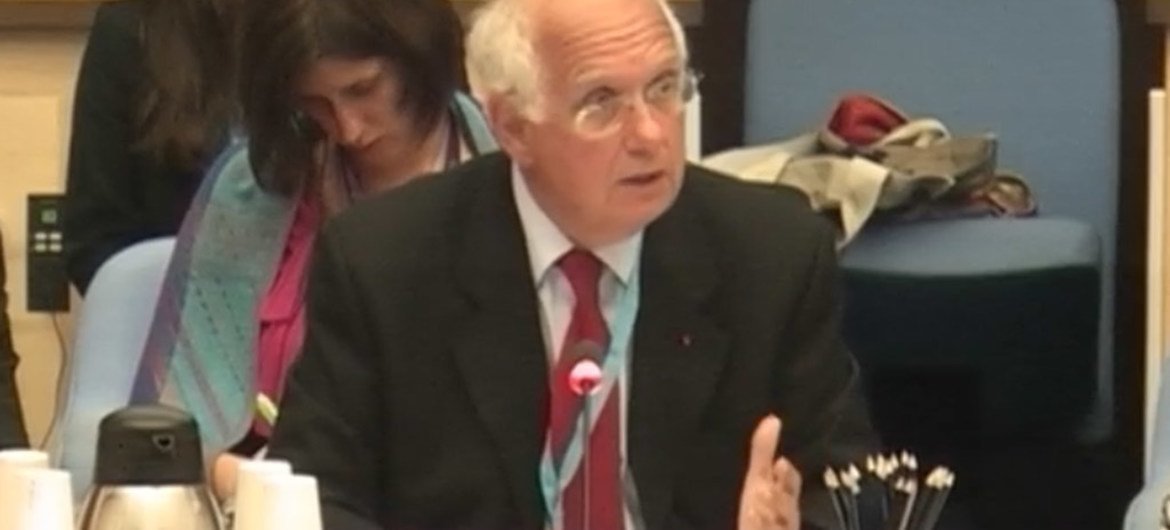 Chair of the Review Committee on the Role of International Health Regulations in the Ebola Outbreak and Response Didier Houssin briefs the press in Geneva.
