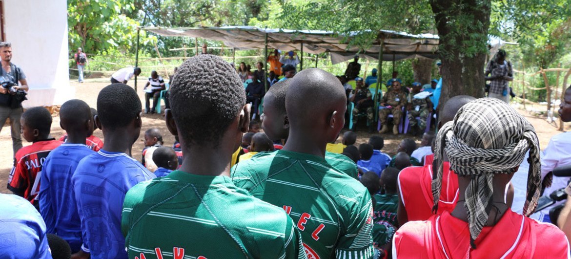 Children associated with the anti-Balaka militia take part in a release ceremony in Bambari in the Central African Republic (CAR) in May 2015.