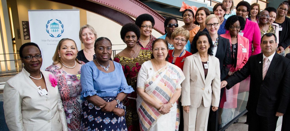 President of the Inter-Parliamentary Union (IPU) Saber Chowdhury (right) with women speakers of parliament, who attended the Fourth World Conference of Speakers of Parliament at UN Headquarters.