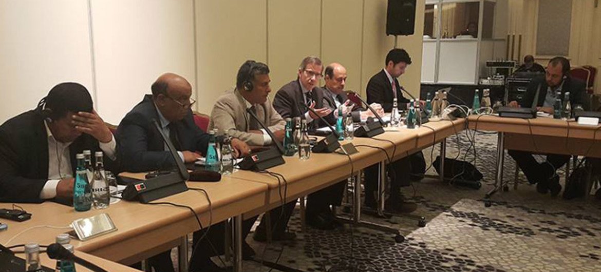 Special Representative and head of the UN Support Mission in Libya (UNSMIL) Bernardino León (fourth left), meeting with a delegation of the Libyan General National Congress (GNC), in Istanbul, Turkey.